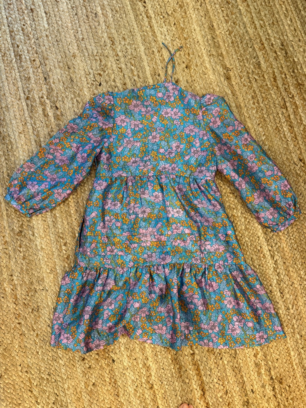 Floral Tiered Dress with Teal Base and Pink Blooms - Picture 2 of 4